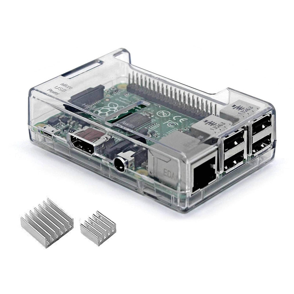 Transparent Raspberry Pi 3B+ case with exposed circuit board and included heatsinks