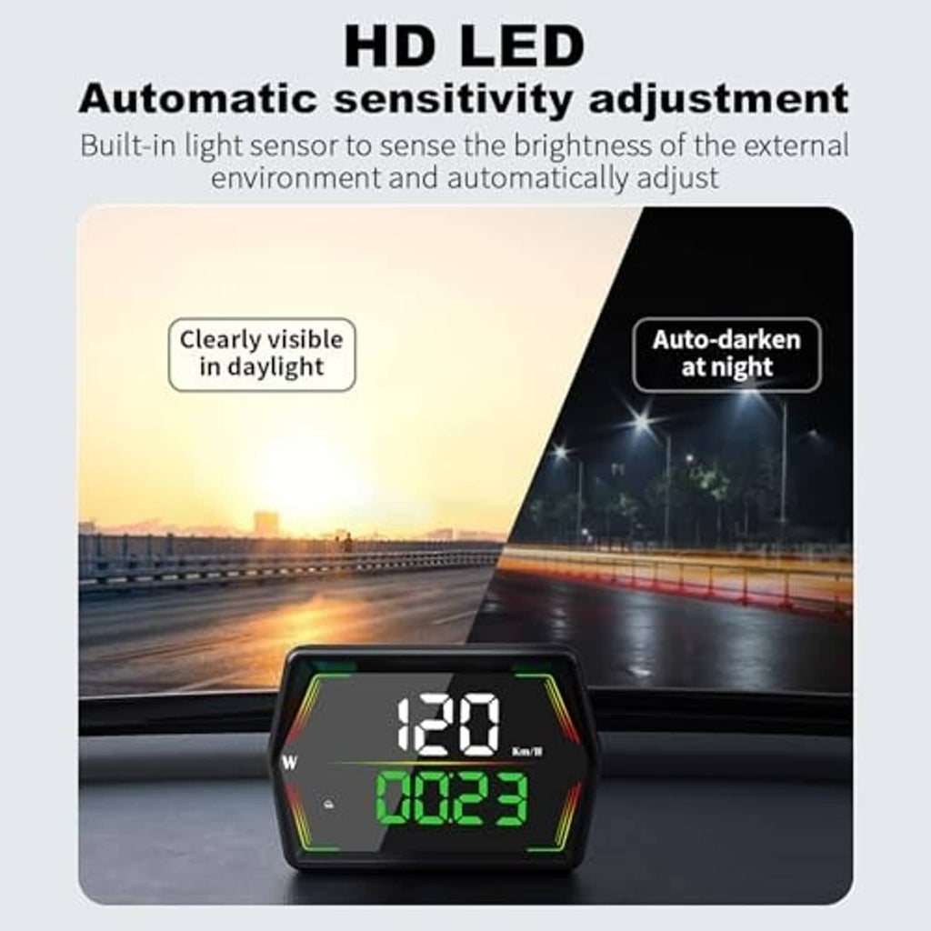 Digital speedometer HUD with bright green LED readout in compact rectangular housing
