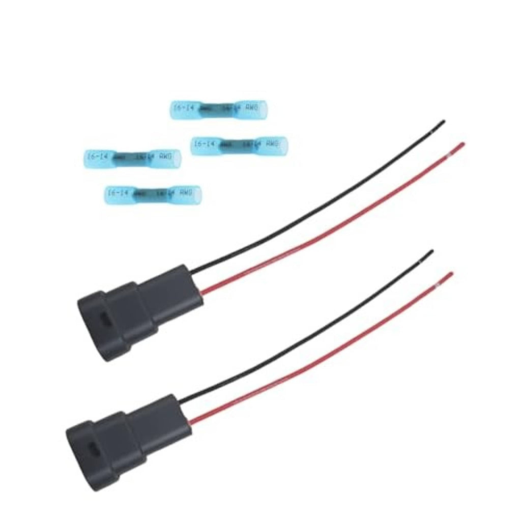 Pair of black male connector cable ends with red and black wires; blue crimp terminals.