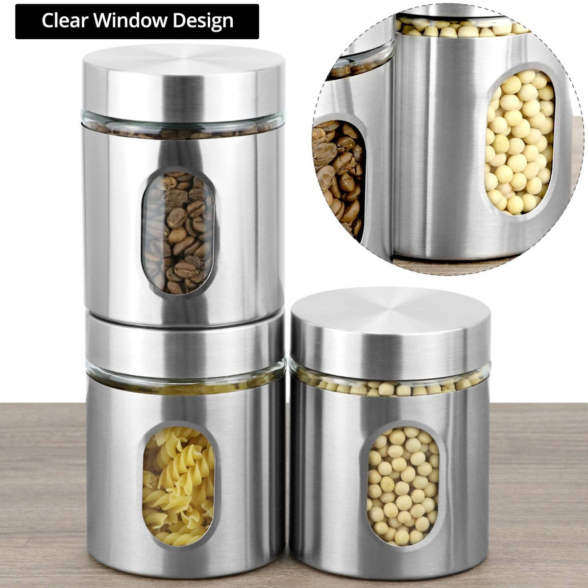Stainless steel canisters with clear window panels and matching round lids