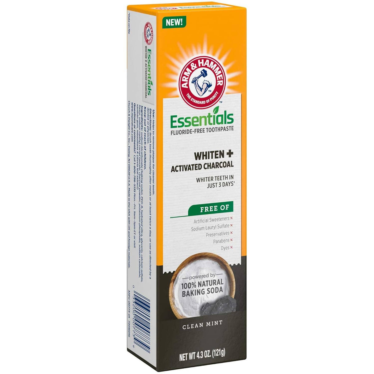 ARM & HAMMER Essentials fluoride-free whitening + activated charcoal toothpaste box, clean mint
