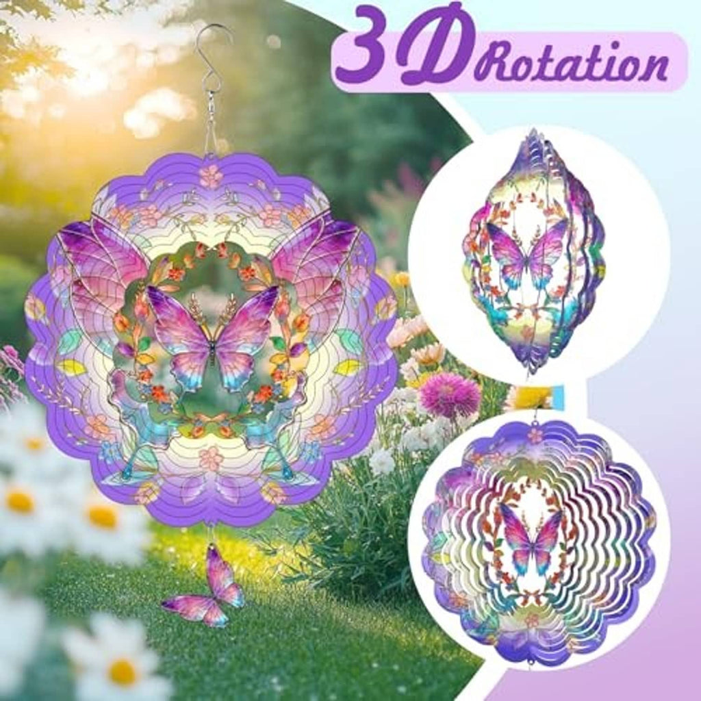 Purple butterfly wind spinner with colorful wings and top hanging hook
