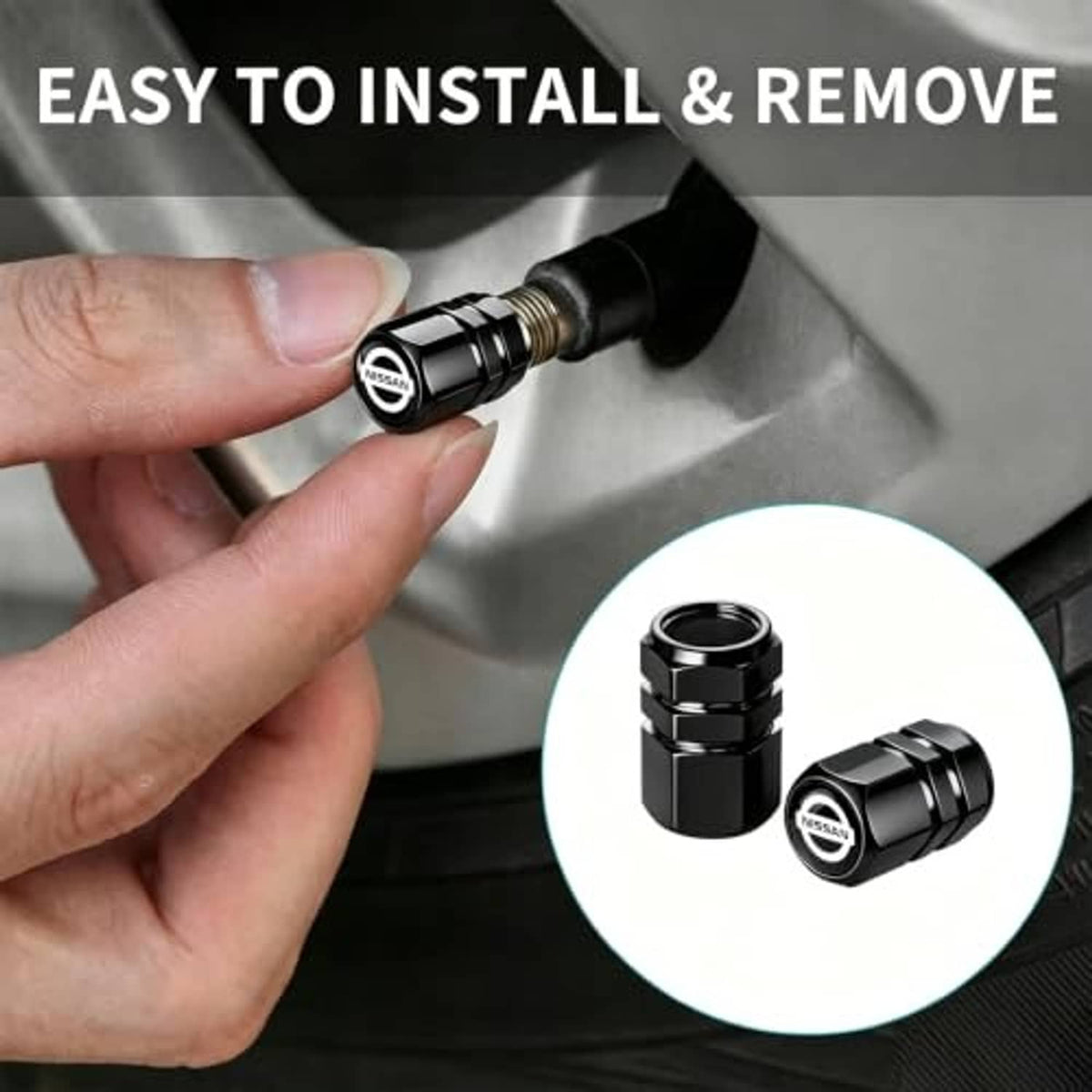 Black metal tire valve stem cap with Nissan logo being installed on a car wheel valve