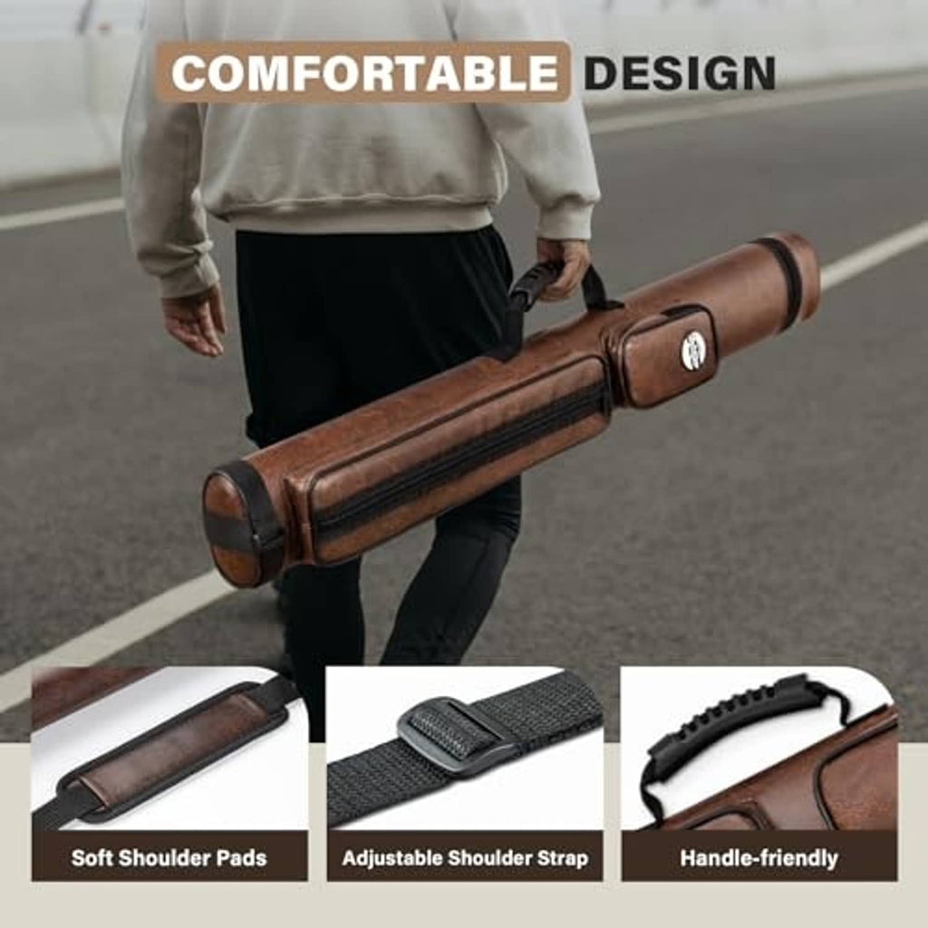 Brown pool cue case with adjustable shoulder strap, soft pads, and carry handle
