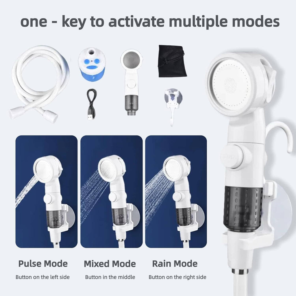Portable camping shower pump with detachable showerhead and multiple spray modes