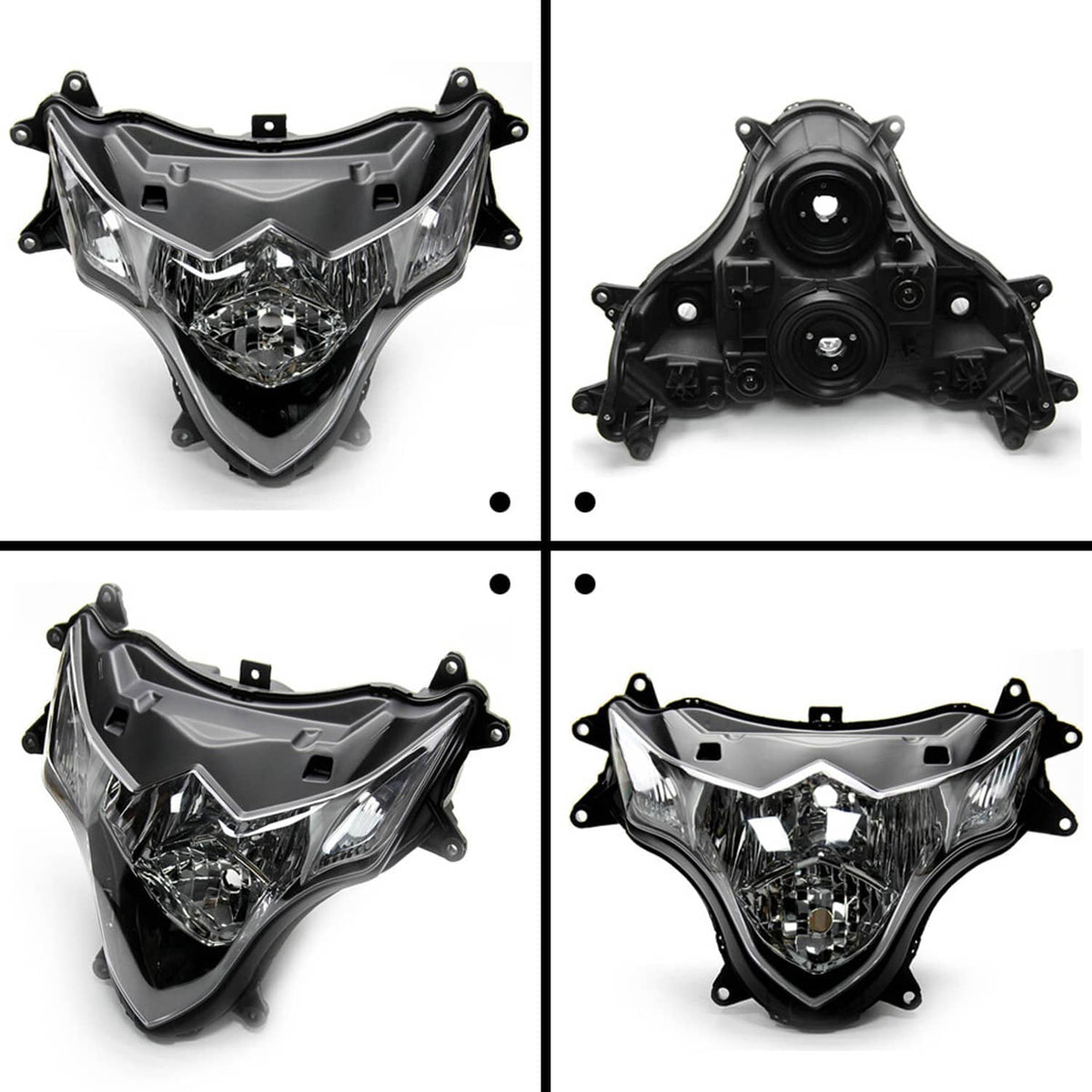 Front headlight housing assembly set showing multiple angles with clear lens and black frame