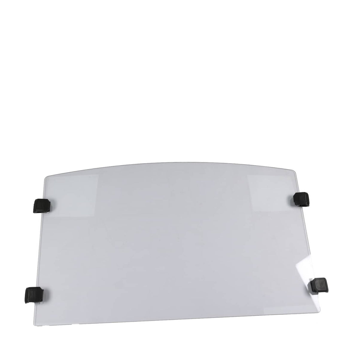 Front windshield panel with black mounting brackets, clear tinted plastic, rectangular shape.