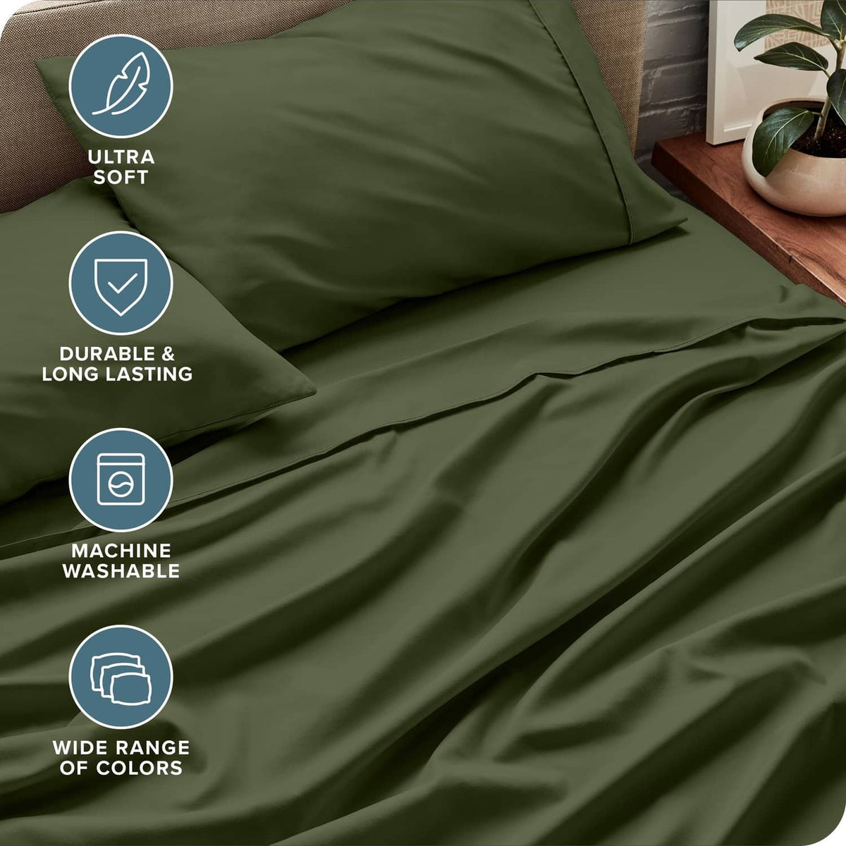 Olive green bed sheet set close-up with smooth fabric folds