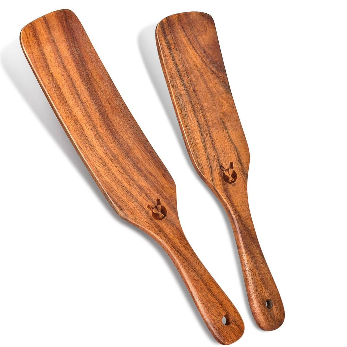 Wooden kitchen spurtles set of 2, natural finish with carved handles