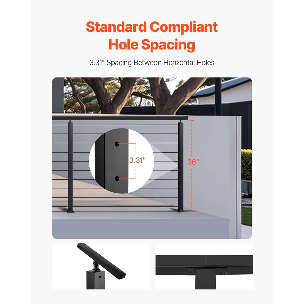 Black cable railing post showing horizontal hole spacing for railing mounts.