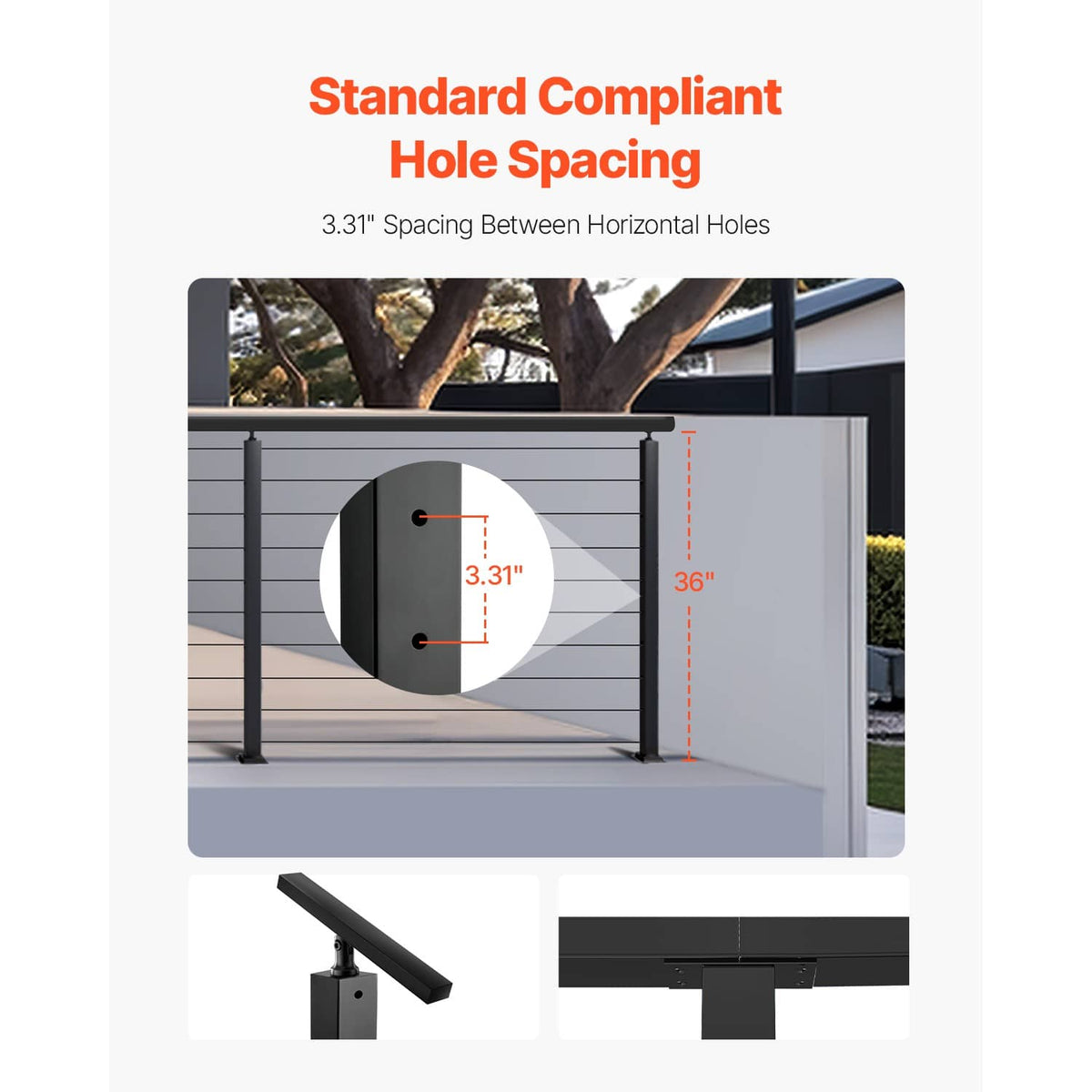 Black cable railing post showing horizontal hole spacing for railing mounts.