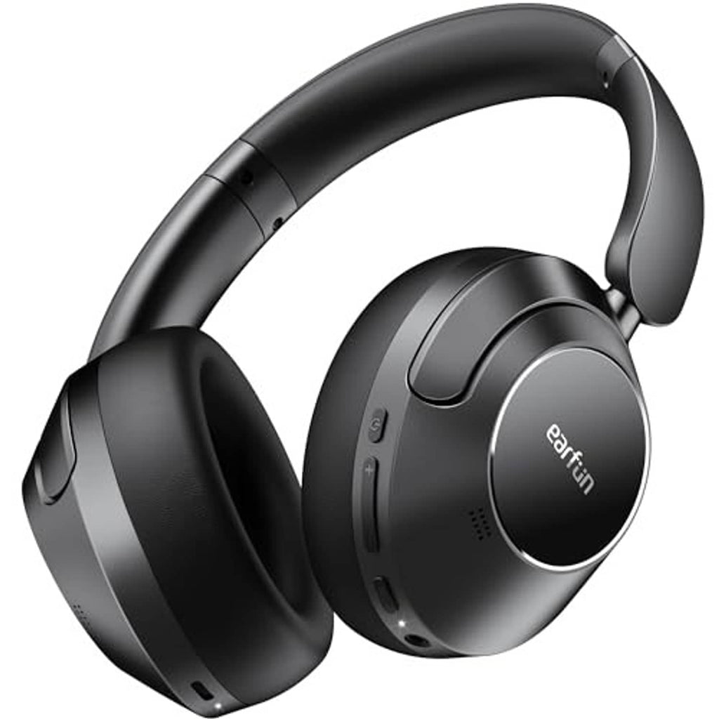 Black over-ear wireless headphones with Earfun logo on the earcup, side angle view
