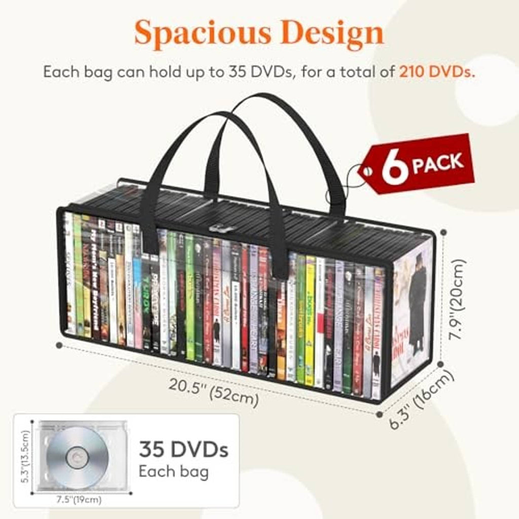 6-pack clear PVC DVD storage bags with black handles and clear front window
