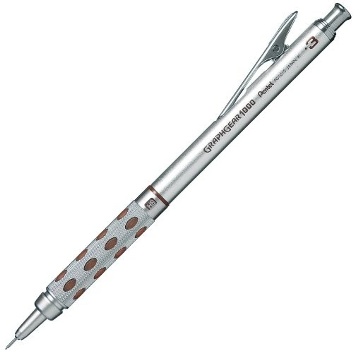 Brown mechanical drafting pencil with patterned grip, silver metal body, fine lead tip