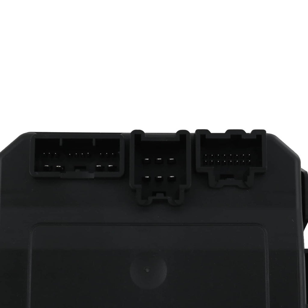 Rear liftgate control module, close-up of black plastic housing with multi-pin connectors