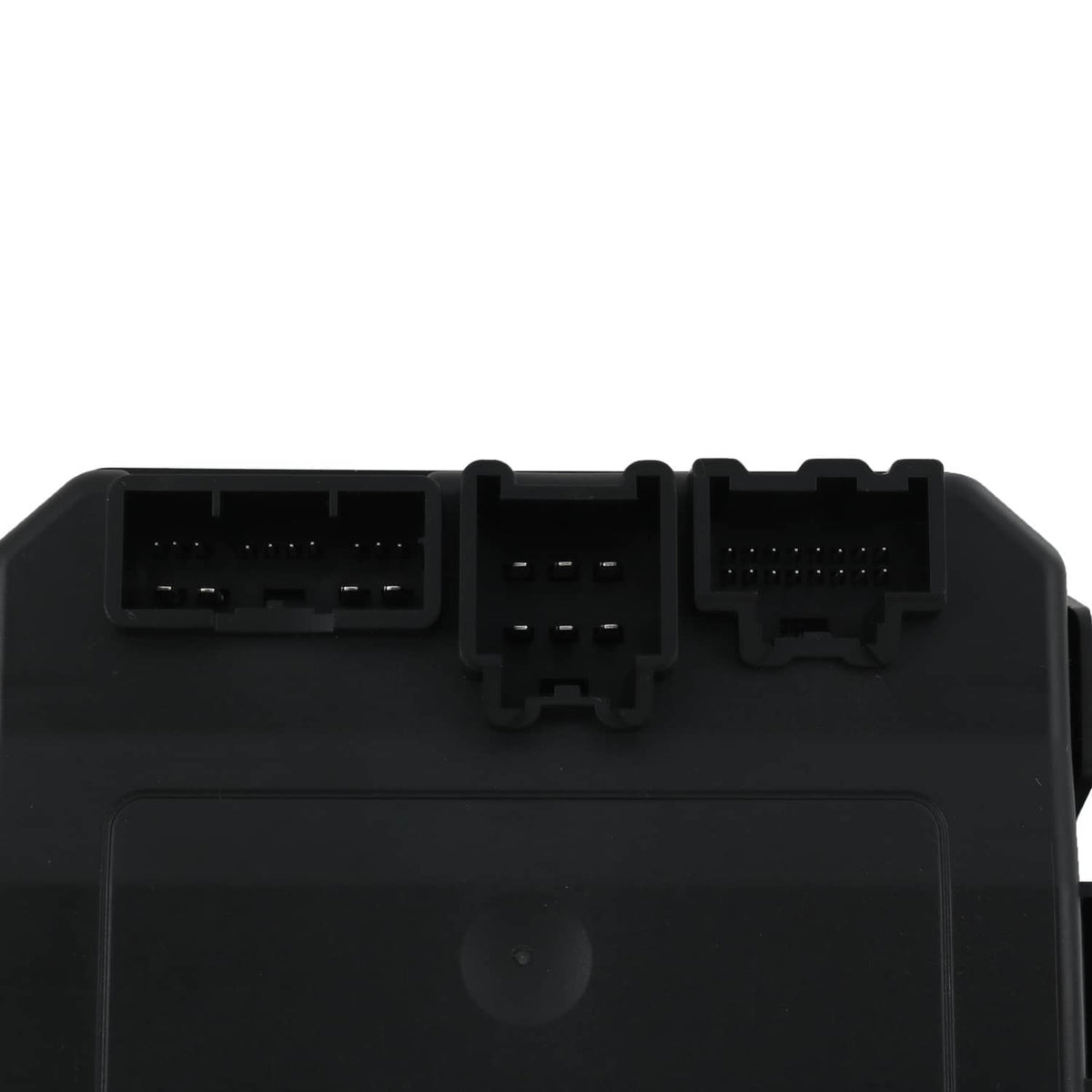 Rear liftgate control module, close-up of black plastic housing with multi-pin connectors