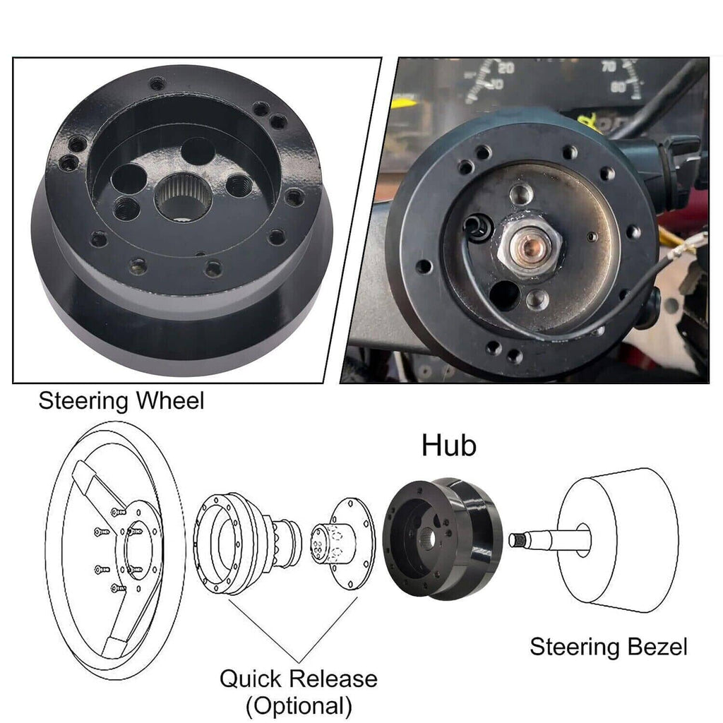 Steering wheel hub adapter diagram showing steering wheel, bezel, and hub parts