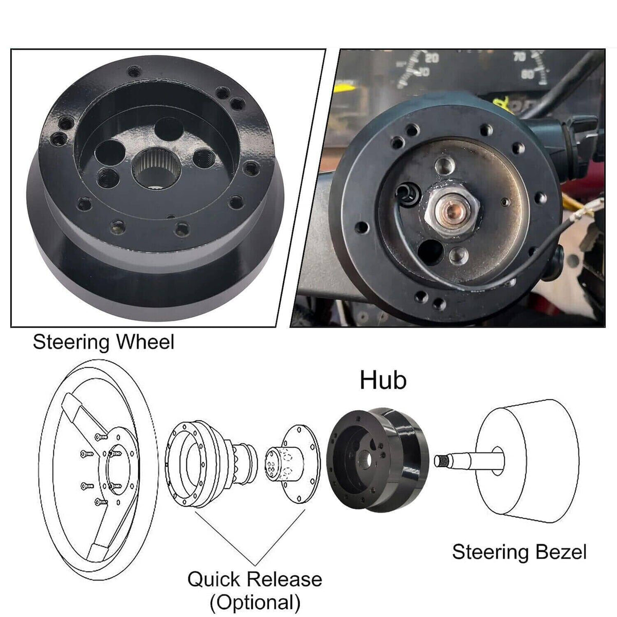 Steering wheel hub adapter diagram showing steering wheel, bezel, and hub parts