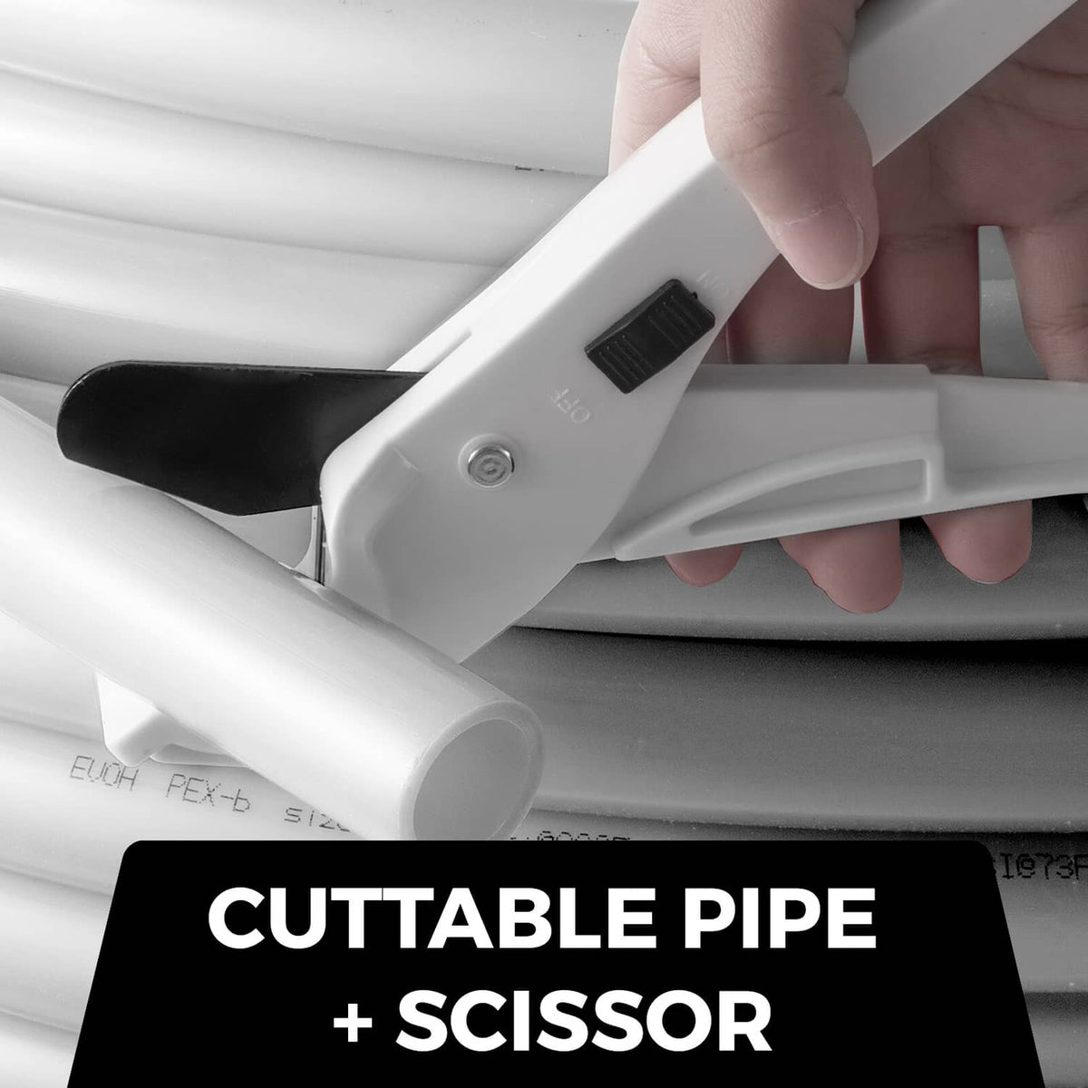 PEX-B pipe cutter tool cutting white PEX tubing with scissor-style handle