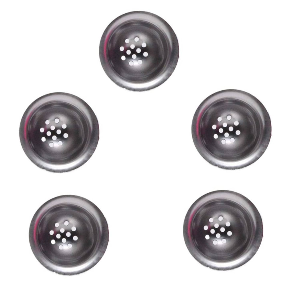 Five stainless steel pipe bowl screens, round 12-hole perforated discs