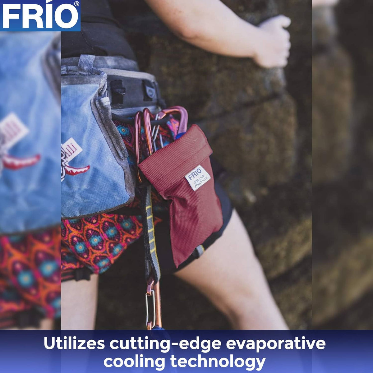 FRIO cooling wallet pouch in burgundy, held near cooling storage kit