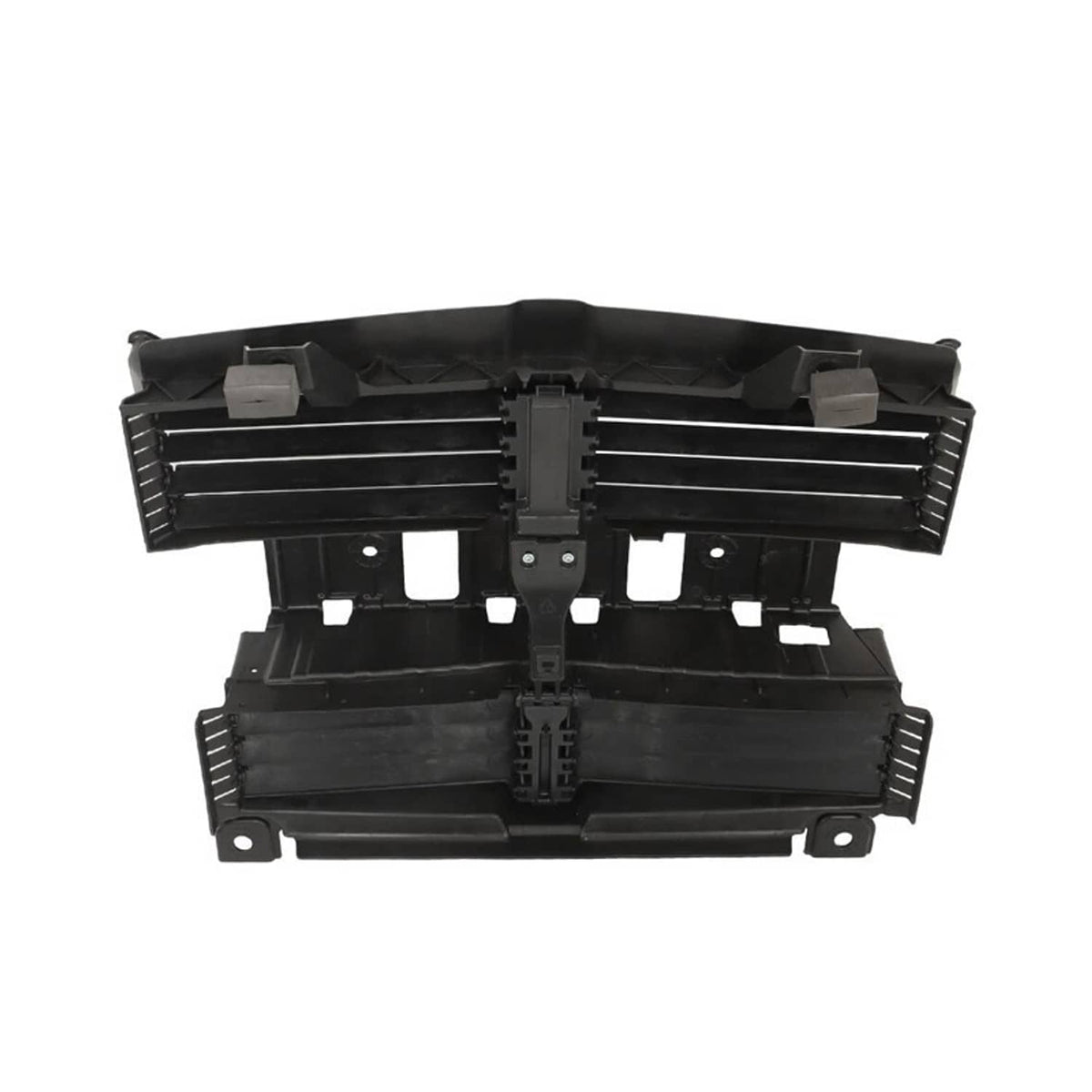Black radiator shutter control assembly with central hinge and side mounting holes