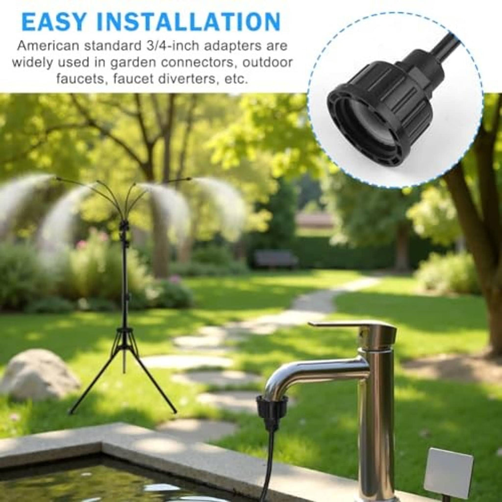 Outdoor mist sprayer stand with tripod base and 3/4-in adapter connector