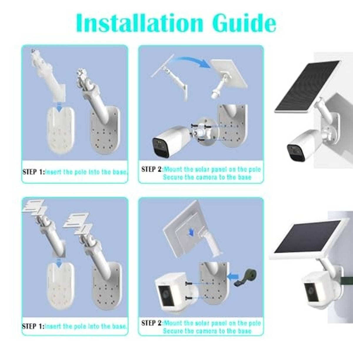 Installation guide showing pole-and-wall mount, solar panel, and camera bracket
