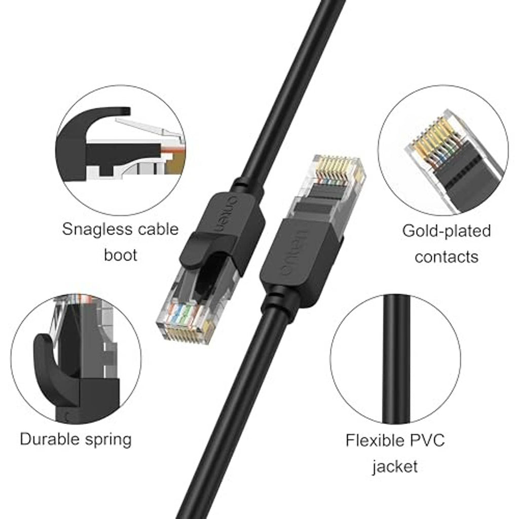 Black RJ45 Ethernet connector detail with gold contacts; flexible PVC jacket and clips.