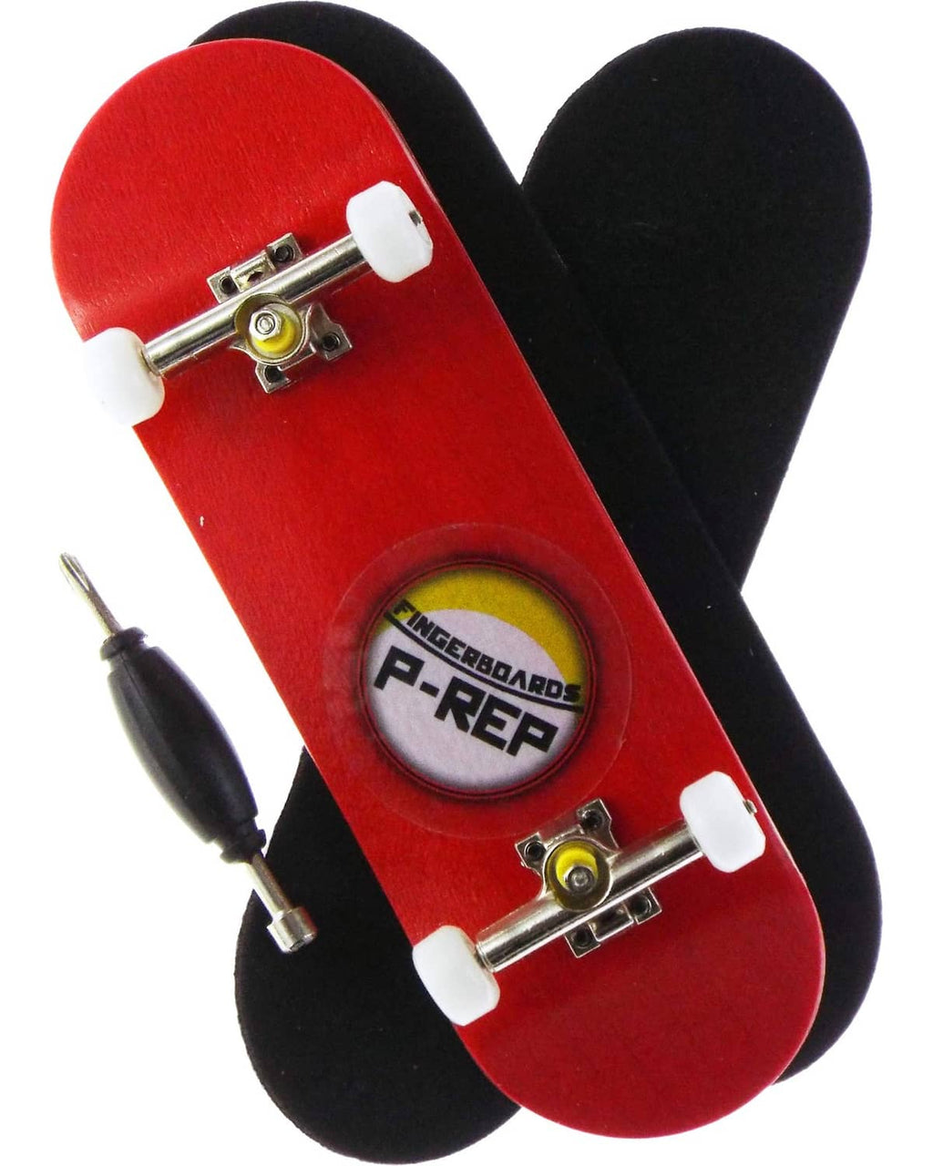 Red wooden fingerboard deck with black grip pads and metal trucks