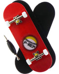 Red wooden fingerboard deck with black grip pads and metal trucks