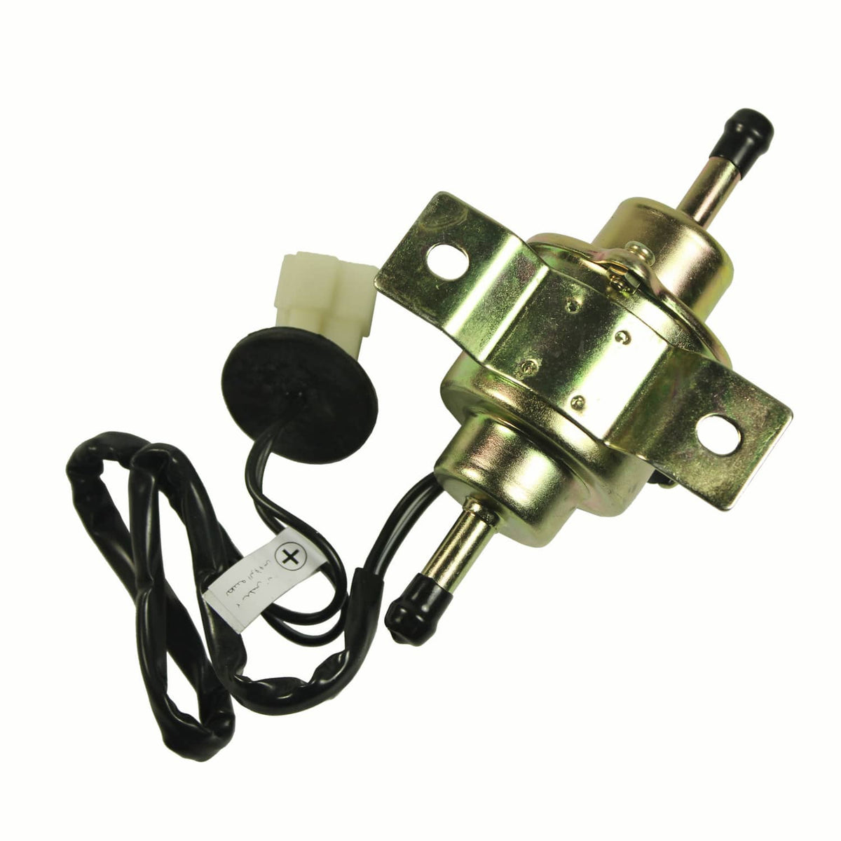 Electric fuel pump with gold housing, black wire harness, and mounting plate