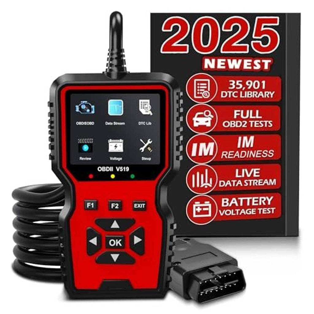 Red and black OBD2 diagnostic scanner with OBD2 plug connector, 2025 packaging card.