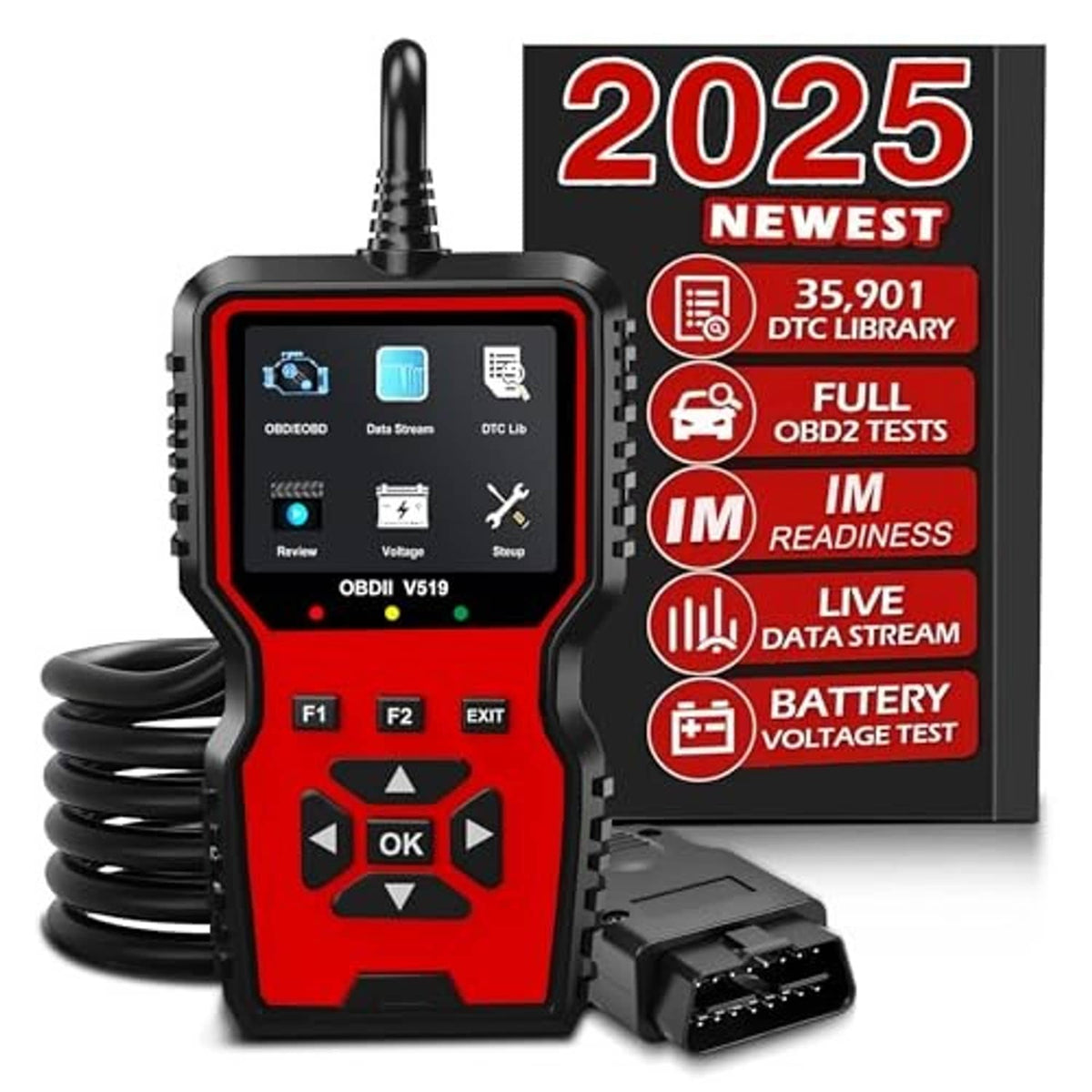 Red and black OBD2 diagnostic scanner with OBD2 plug connector, 2025 packaging card.