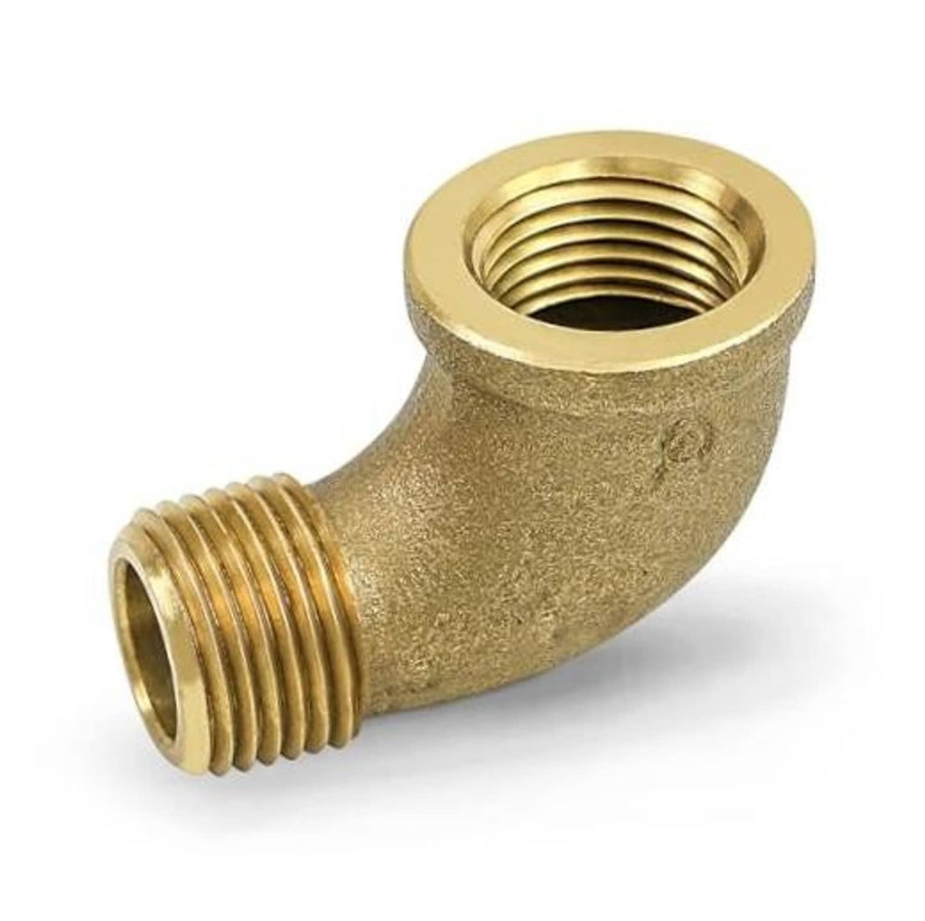 Brass 90-degree street elbow fitting with male and female threaded ends
