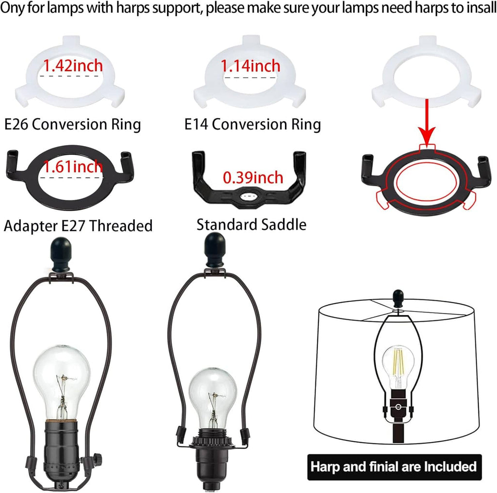 Lampshade mounting hardware diagram: conversion rings, adapter, saddle, harp and finial
