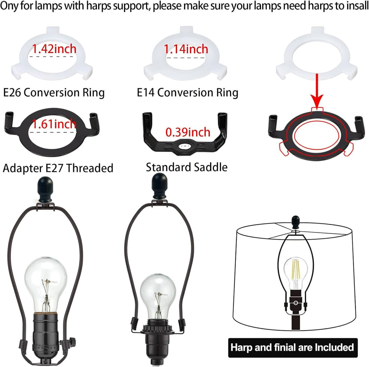 Lampshade mounting hardware diagram: conversion rings, adapter, saddle, harp and finial