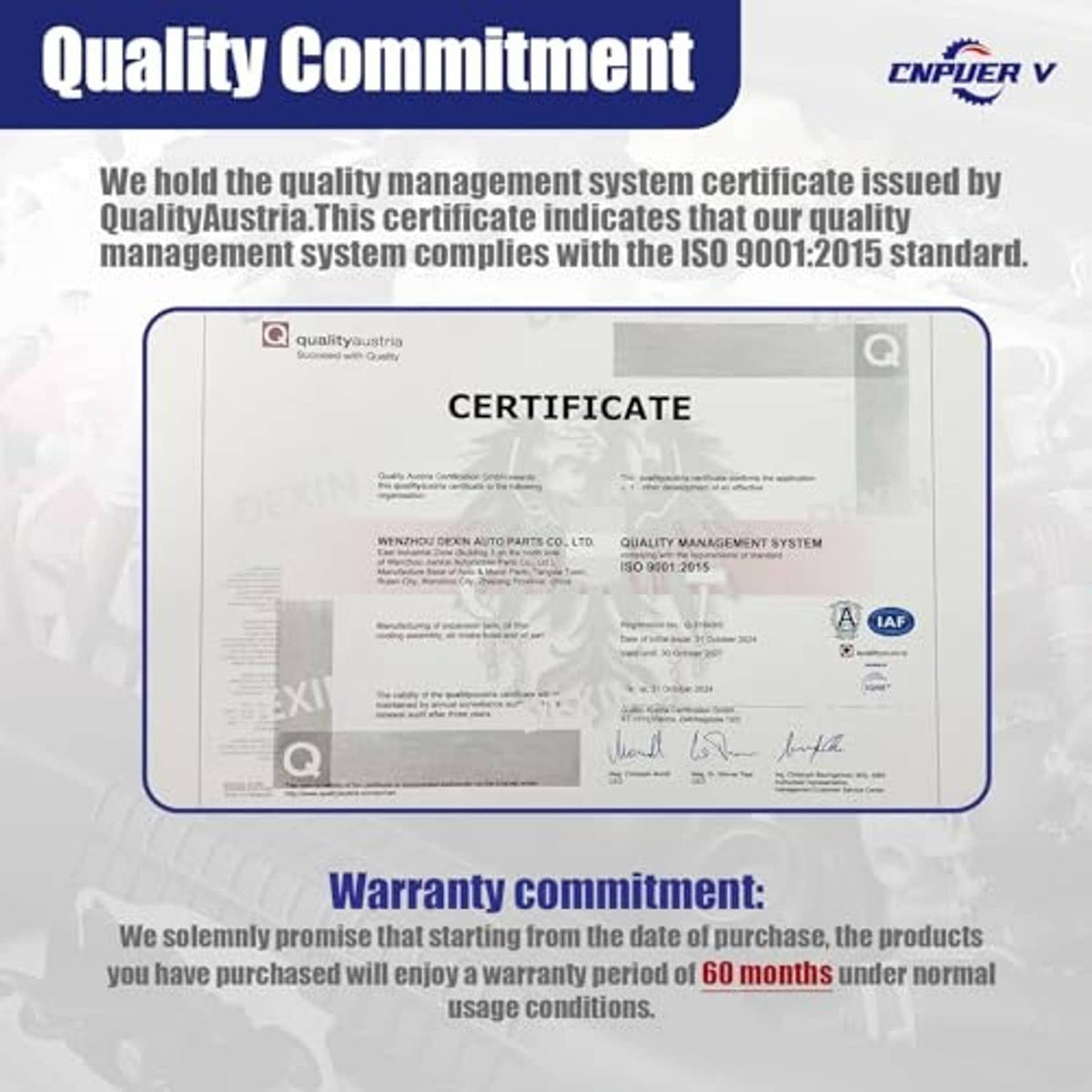 Quality commitment and warranty infographic with certificate graphic