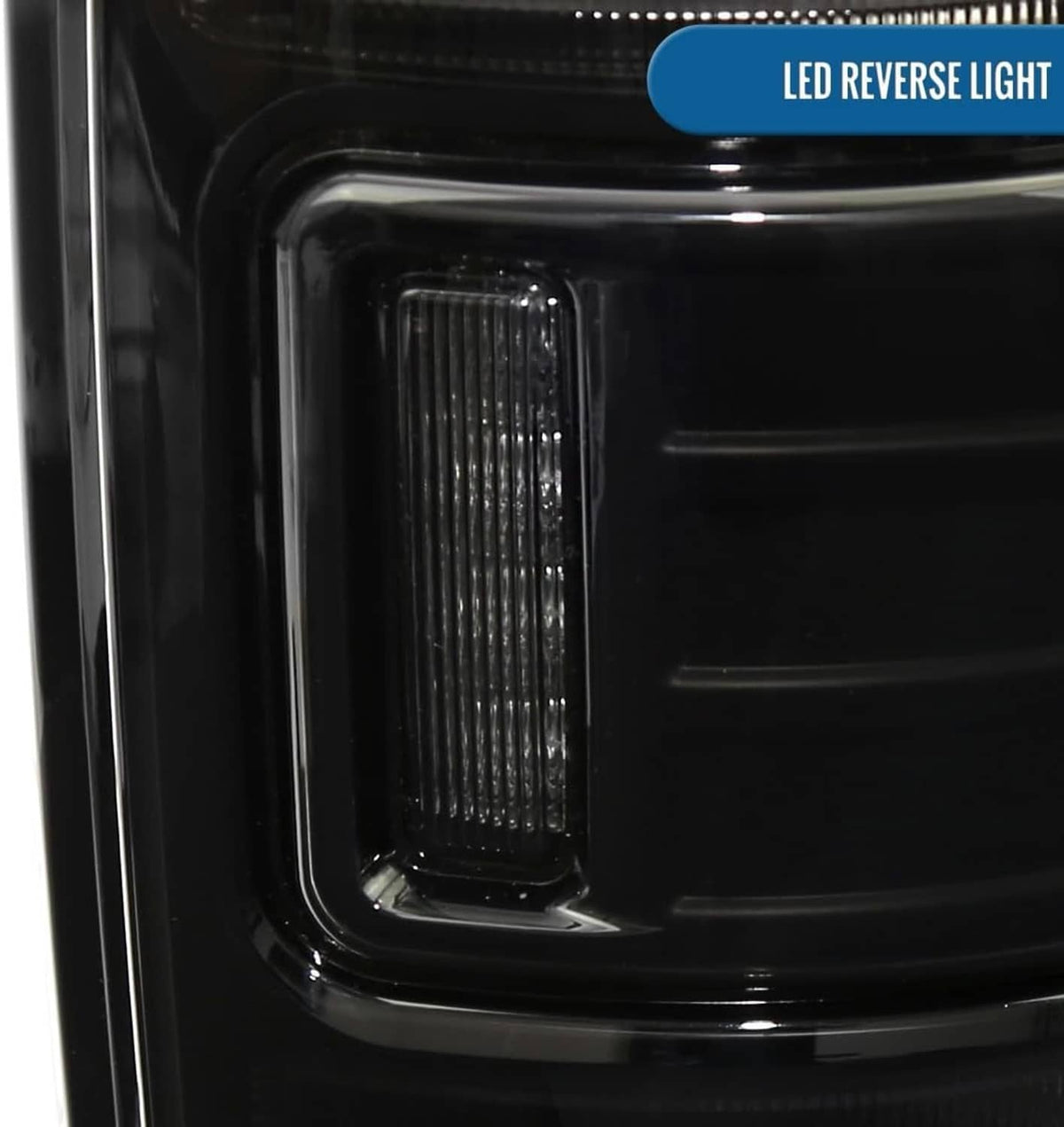 Close-up of smoke-lens LED reverse light section inside a black tail light housing