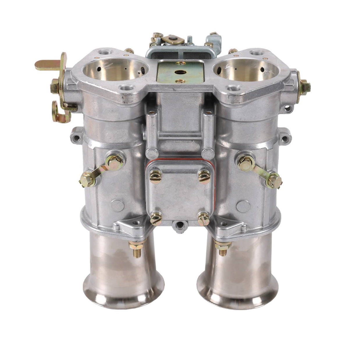 Twin-choke carburetor front view with two intake throats and mounting plate