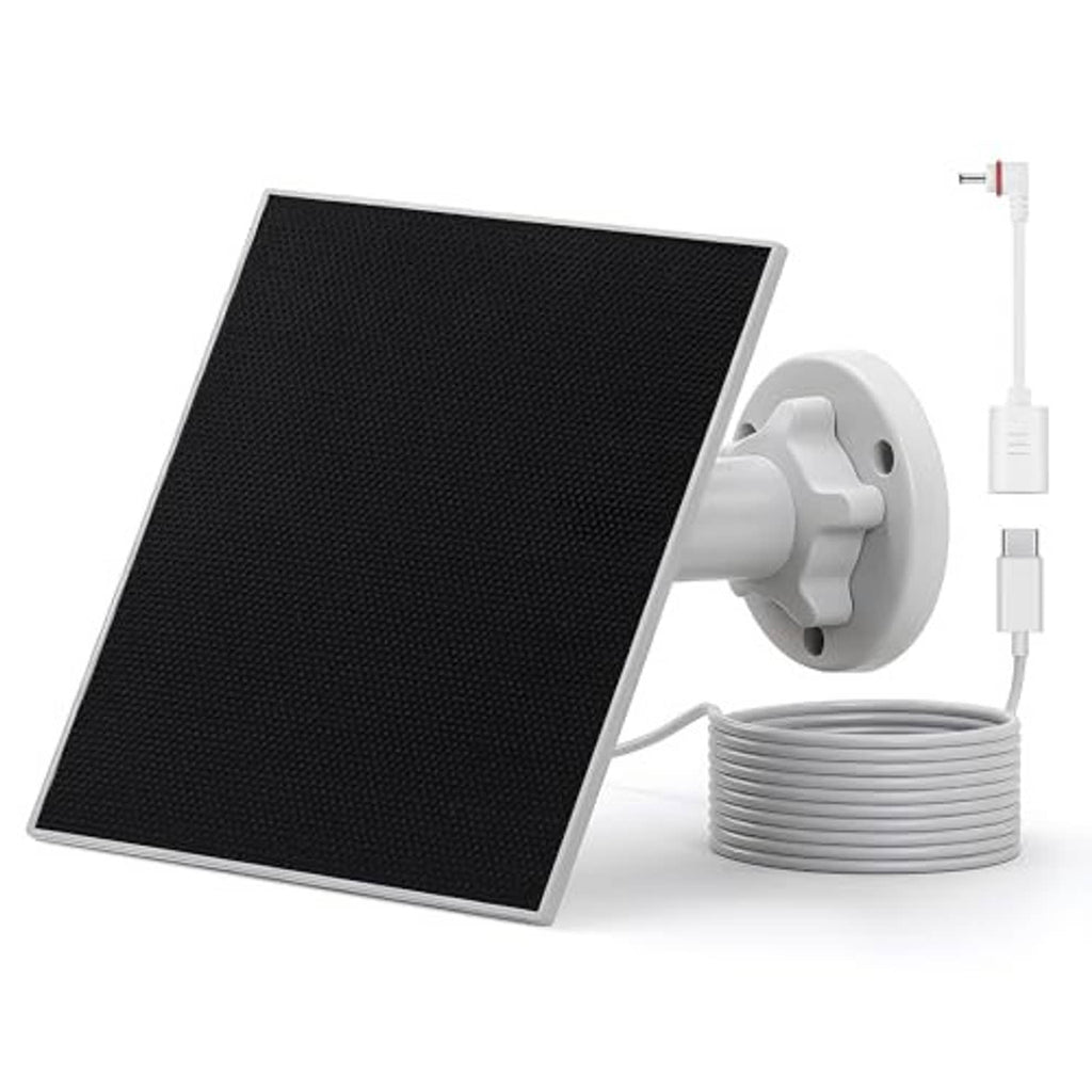 Black solar panel charger kit with white wall bracket and bundled DC cable