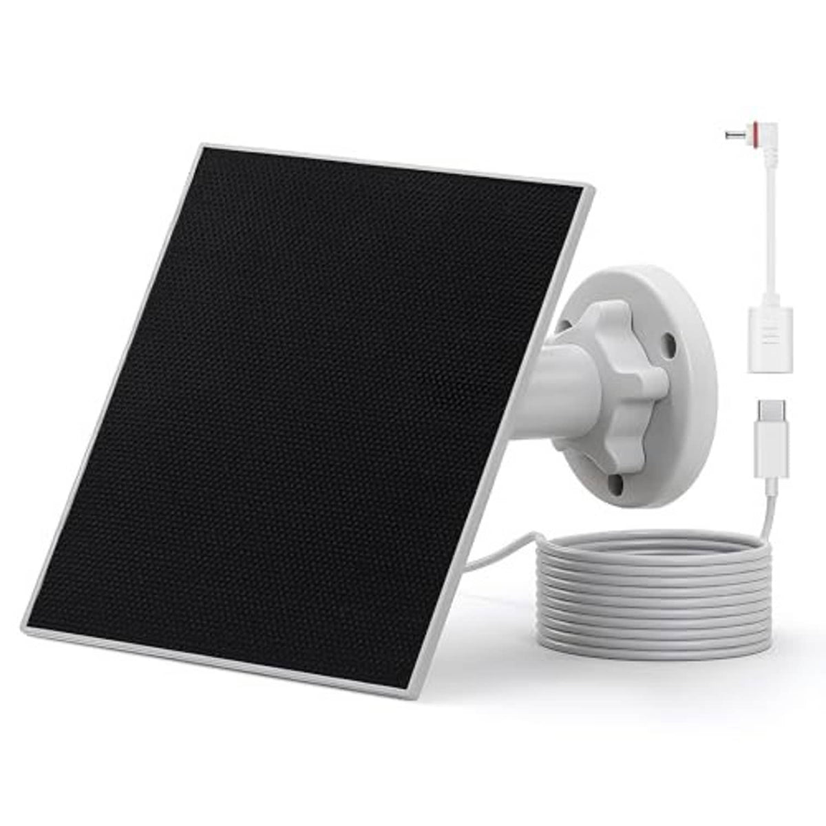 Black solar panel charger kit with white wall bracket and bundled DC cable