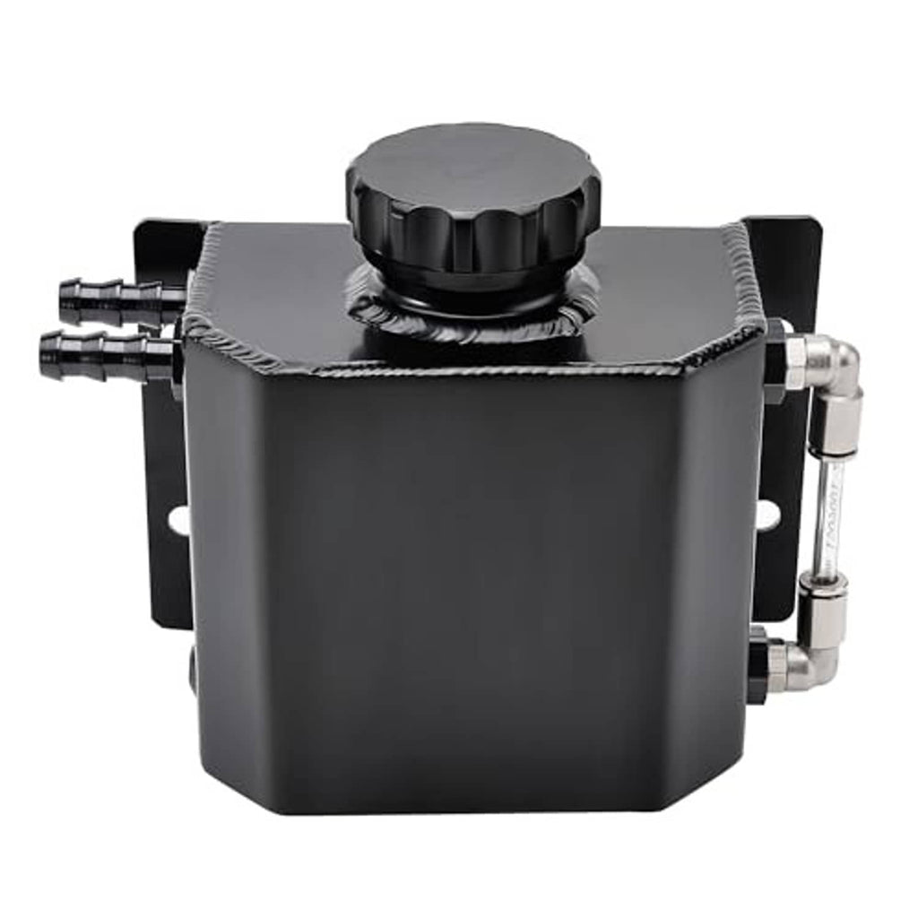 Universal coolant overflow tank with black threaded cap and side mounting brackets