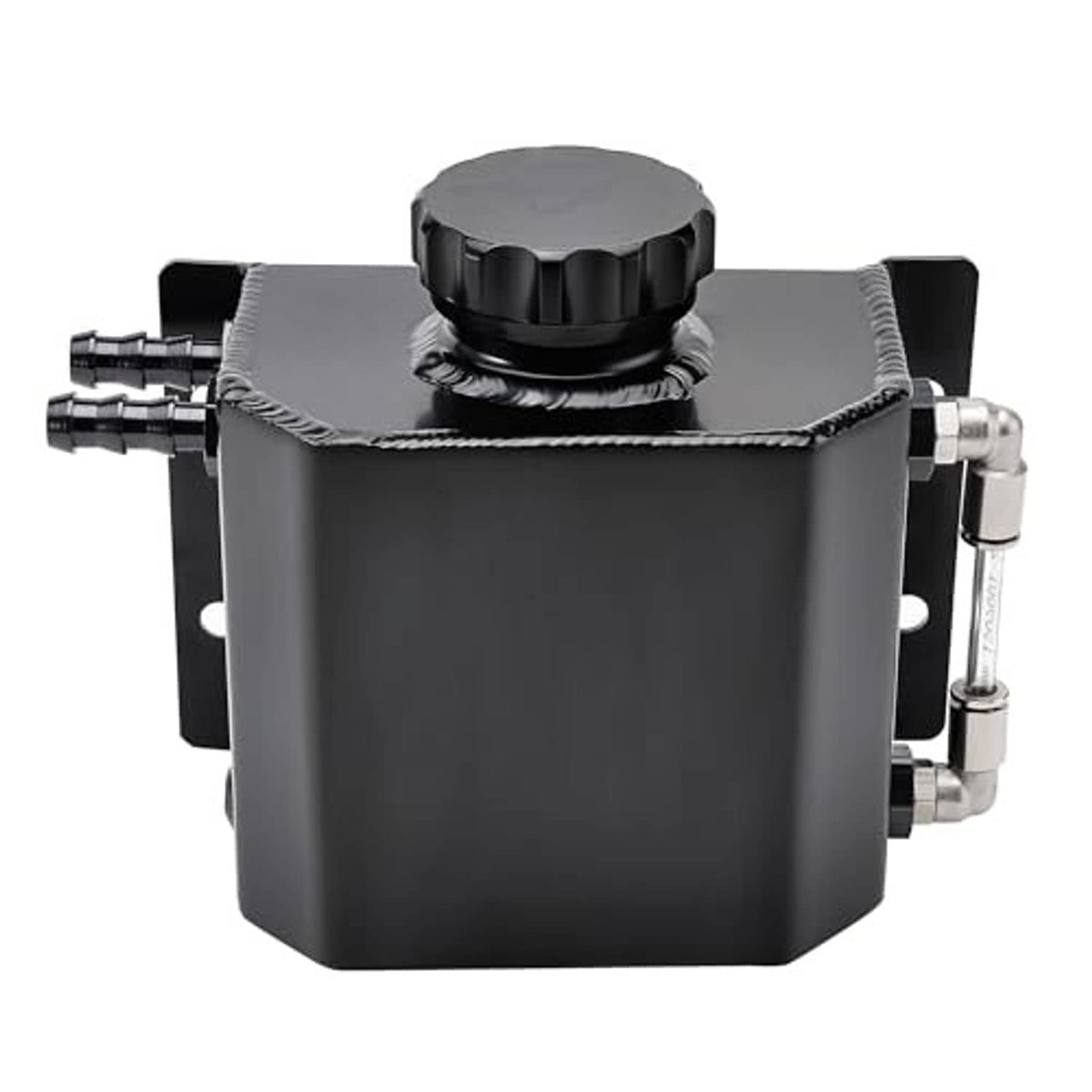 Universal coolant overflow tank with black threaded cap and side mounting brackets