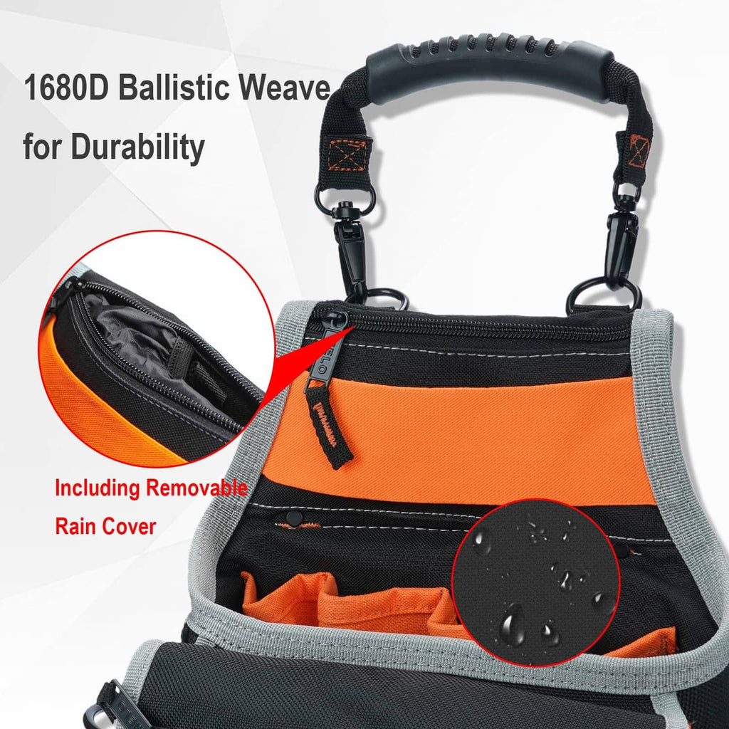 Black tool pouch bag with orange interior, removable rain cover, and zippered front pocket