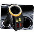 Black car cigarette lighter splitter adapter with glowing ring and voltage LED display
