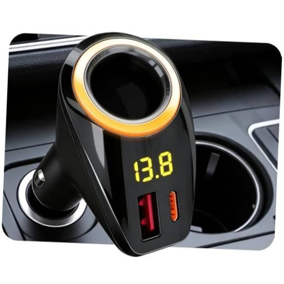 Black car cigarette lighter splitter adapter with glowing ring and voltage LED display