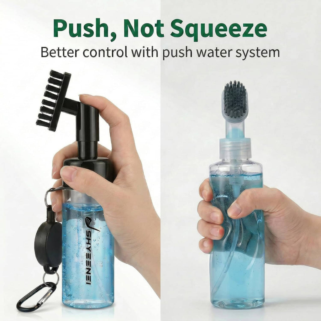 Portable push water cleaning bottle with brush head and side release handle