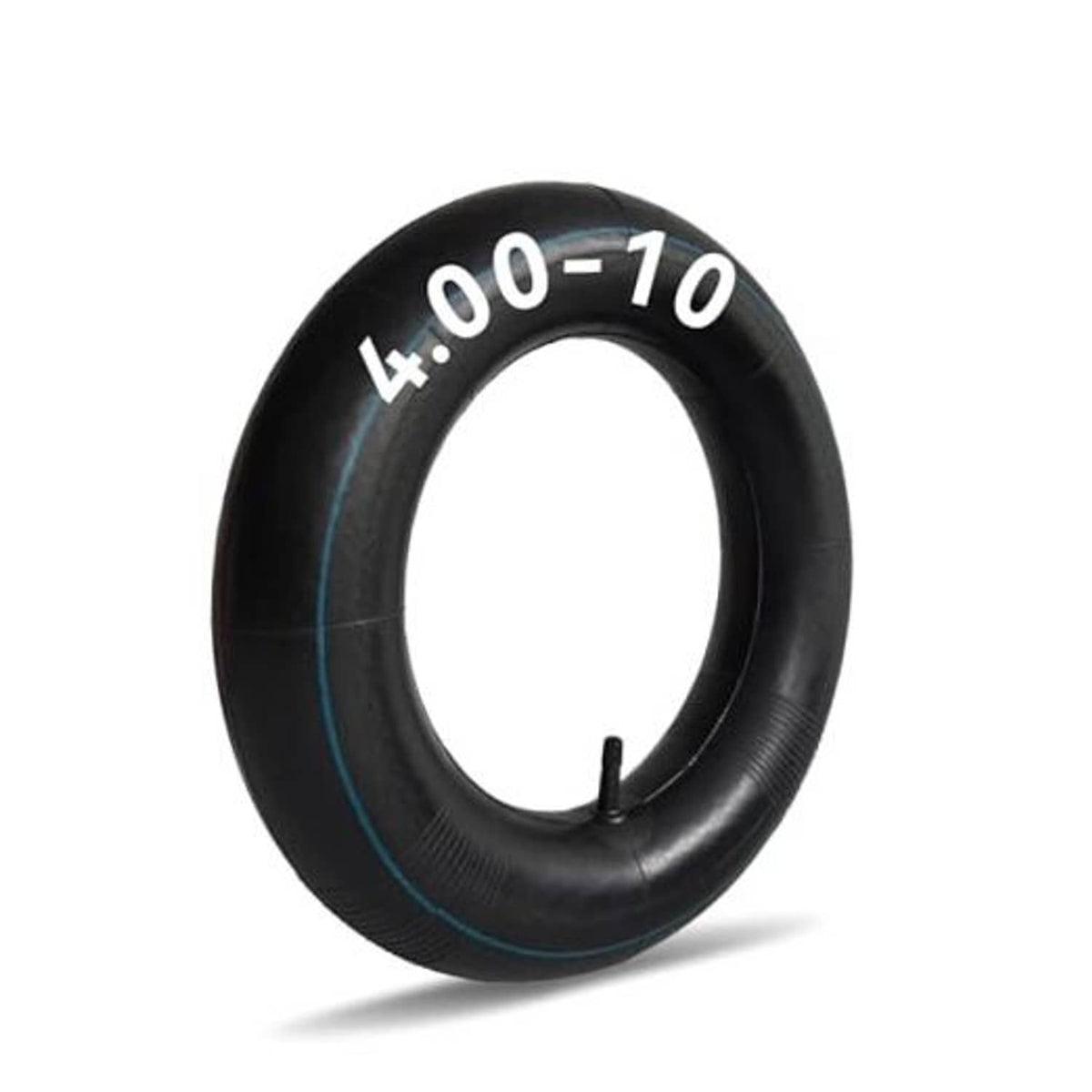 Black 4.00-10 inner tube with blue trim and straight valve stem