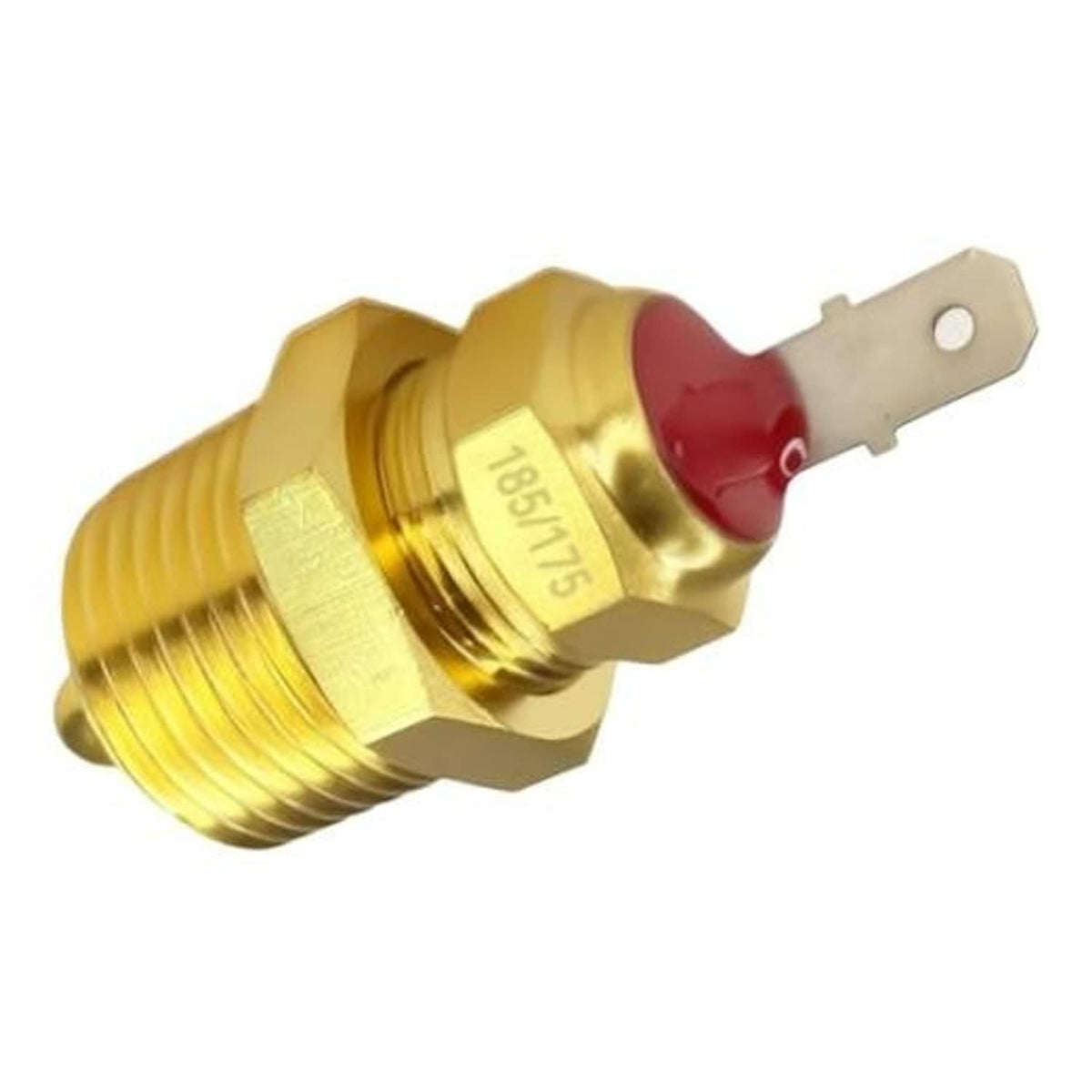 Brass electric fan thermostat relay switch with red temperature sensor cap and mounting tab